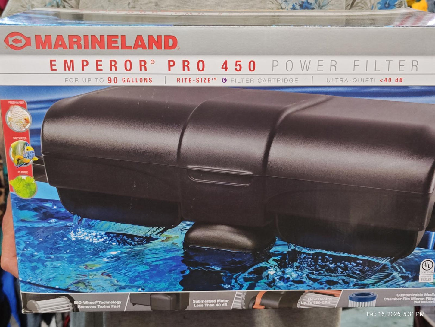 Marineland Emperor Pro 450 power filter designed for aquariums up to 150 gallons, featuring a sleek black design.