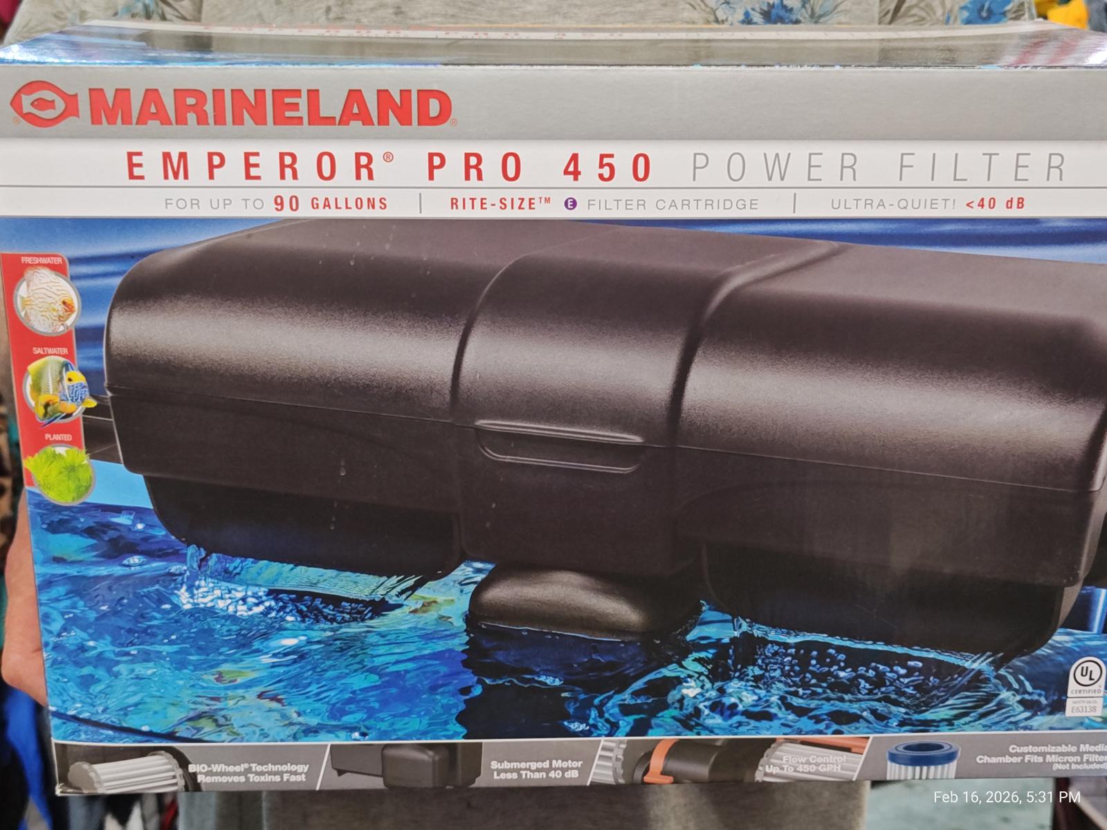 Marineland Emperor Pro 450 power filter designed for aquariums up to 150 gallons, featuring a sleek black design.