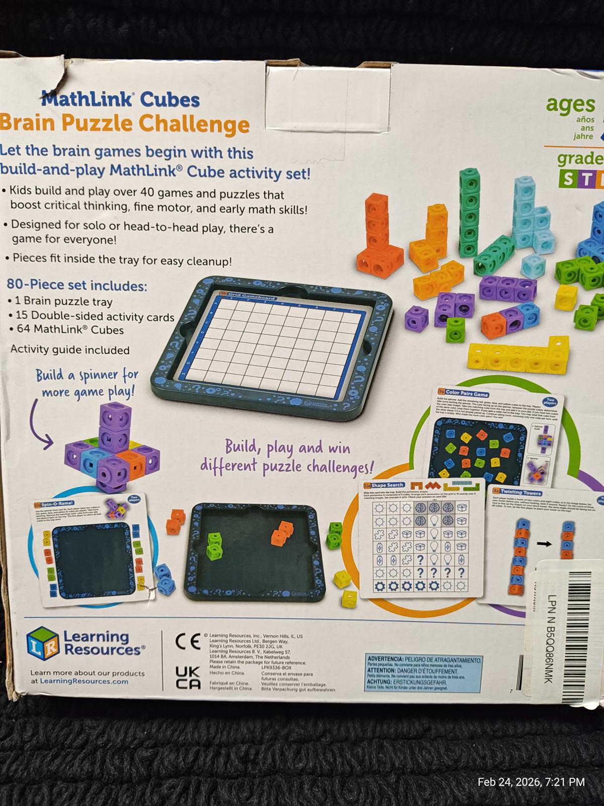 MathLink Cubes Brain Puzzle Challenge includes colorful cubes and a grid for engaging math activities.