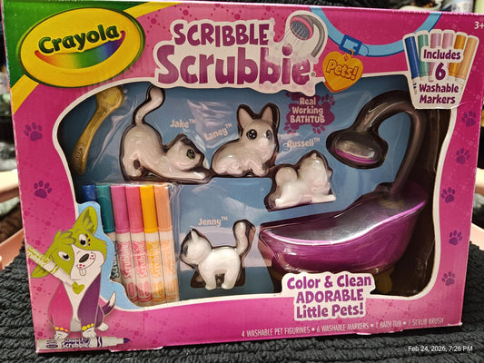 Crayola Scribble Scrubbie set featuring adorable pet figures and washable markers.