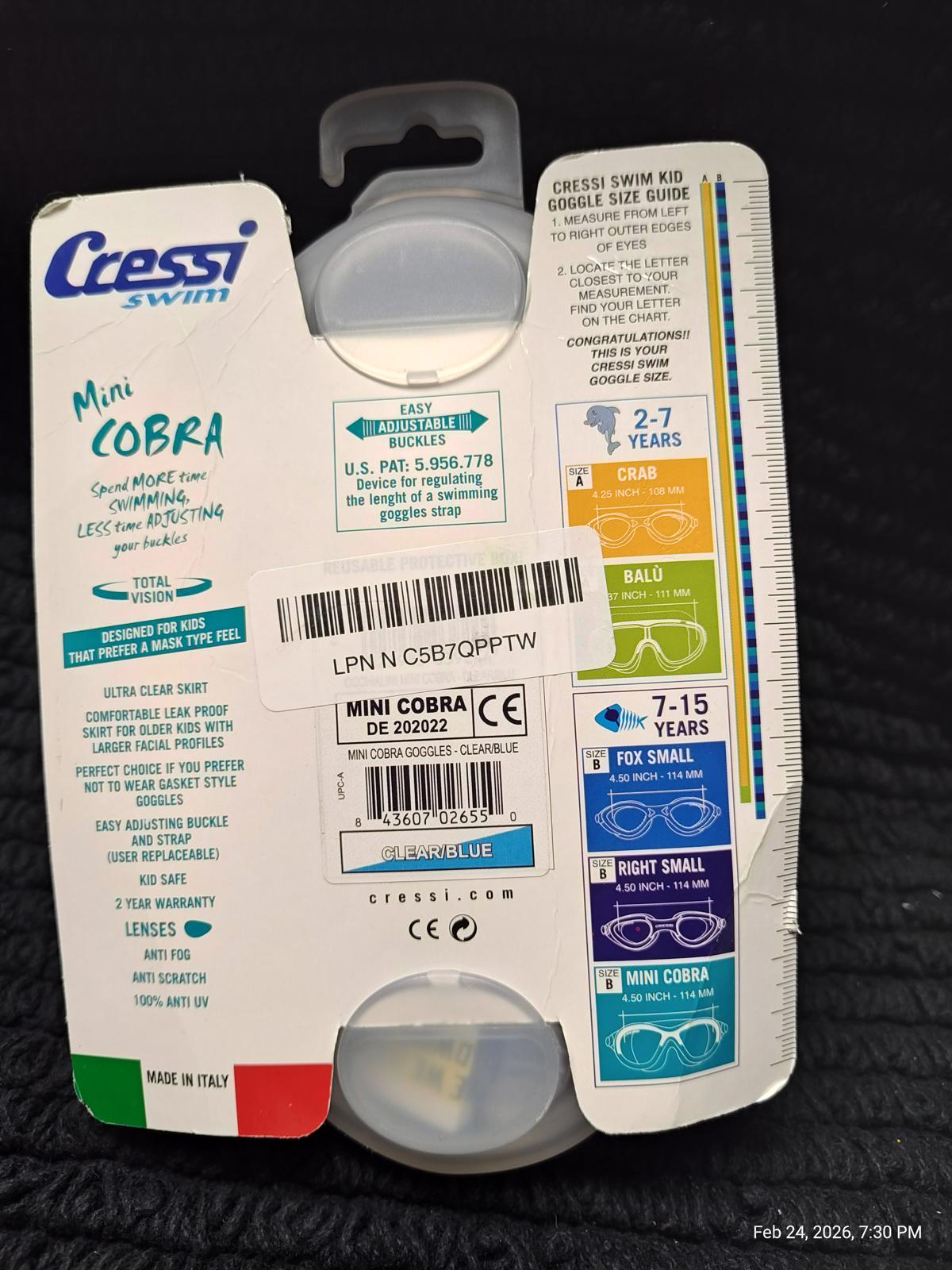 Mini Cobra swim goggles by Cressi, suitable for ages 2-7 years, featuring a clear lens and adjustable strap.