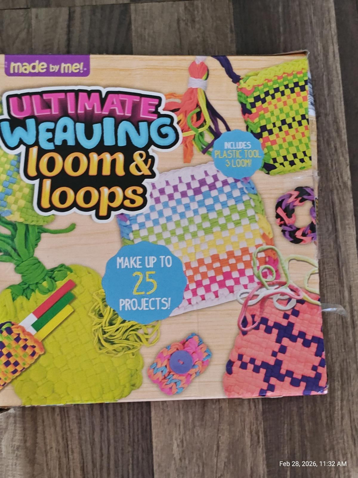 Ultimate Weaving Loom & Loops kit featuring colorful woven projects and tools for crafting.