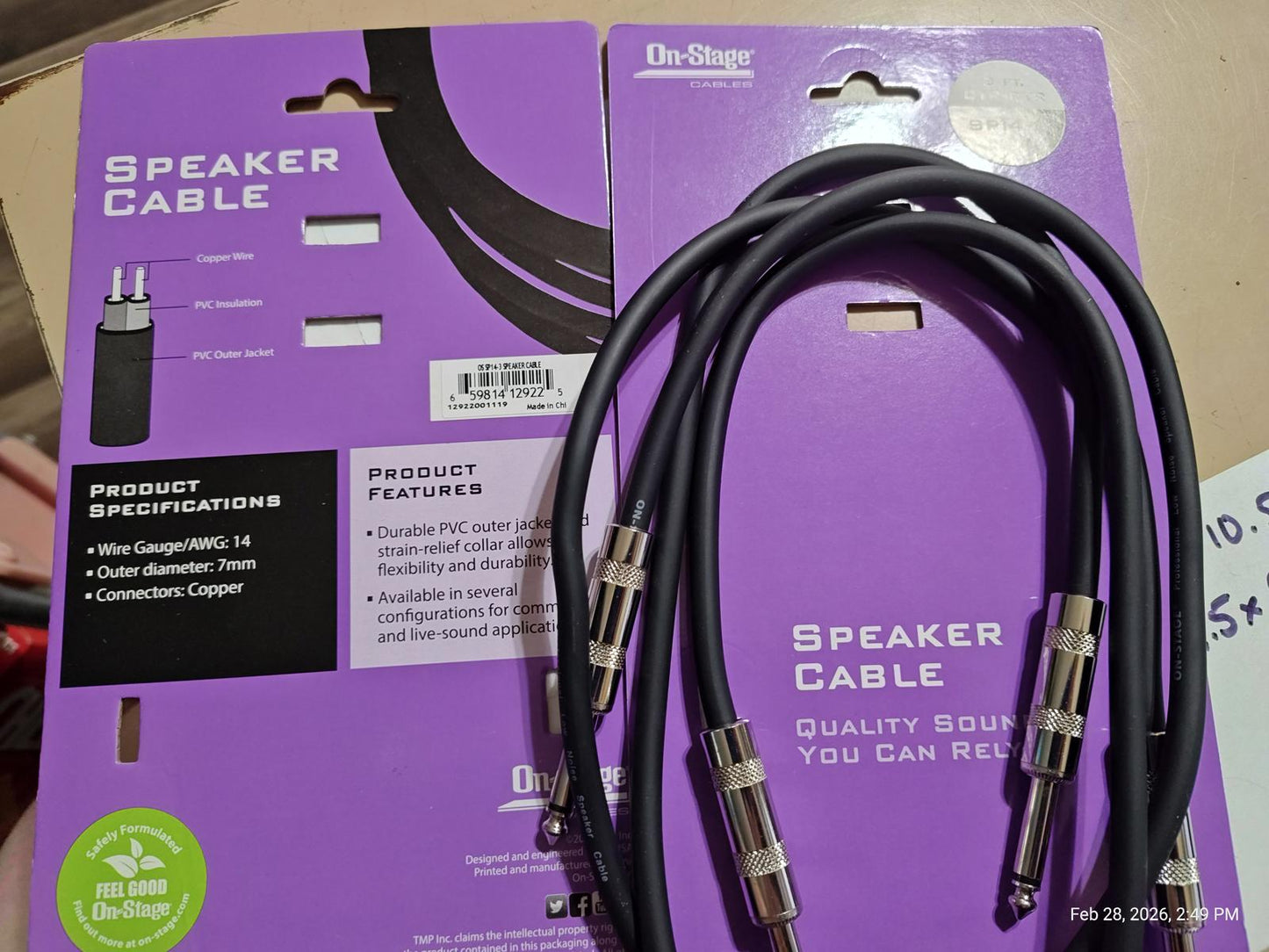 On-Stage Stands SP14-3 3' Speaker Cable 3 ft.  2 PACK