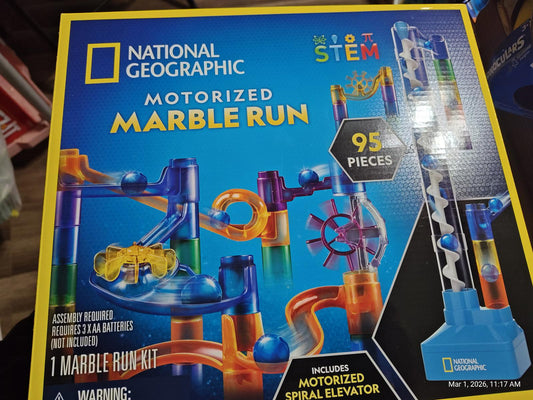 National Geographic Motorized Marble Run set with 95 pieces and spiral elevator.