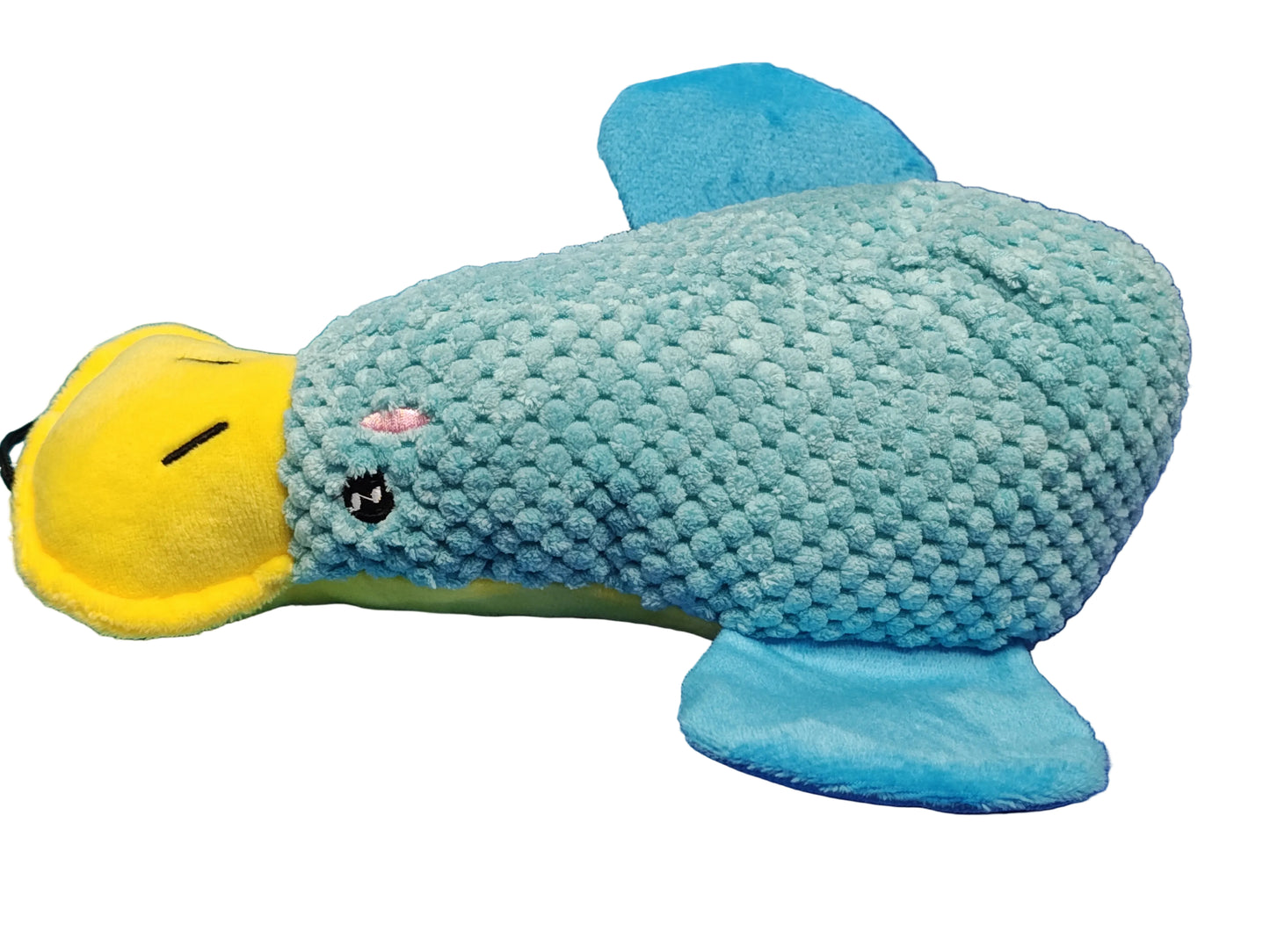 Blue plush toy with a yellow beak on a blue surface