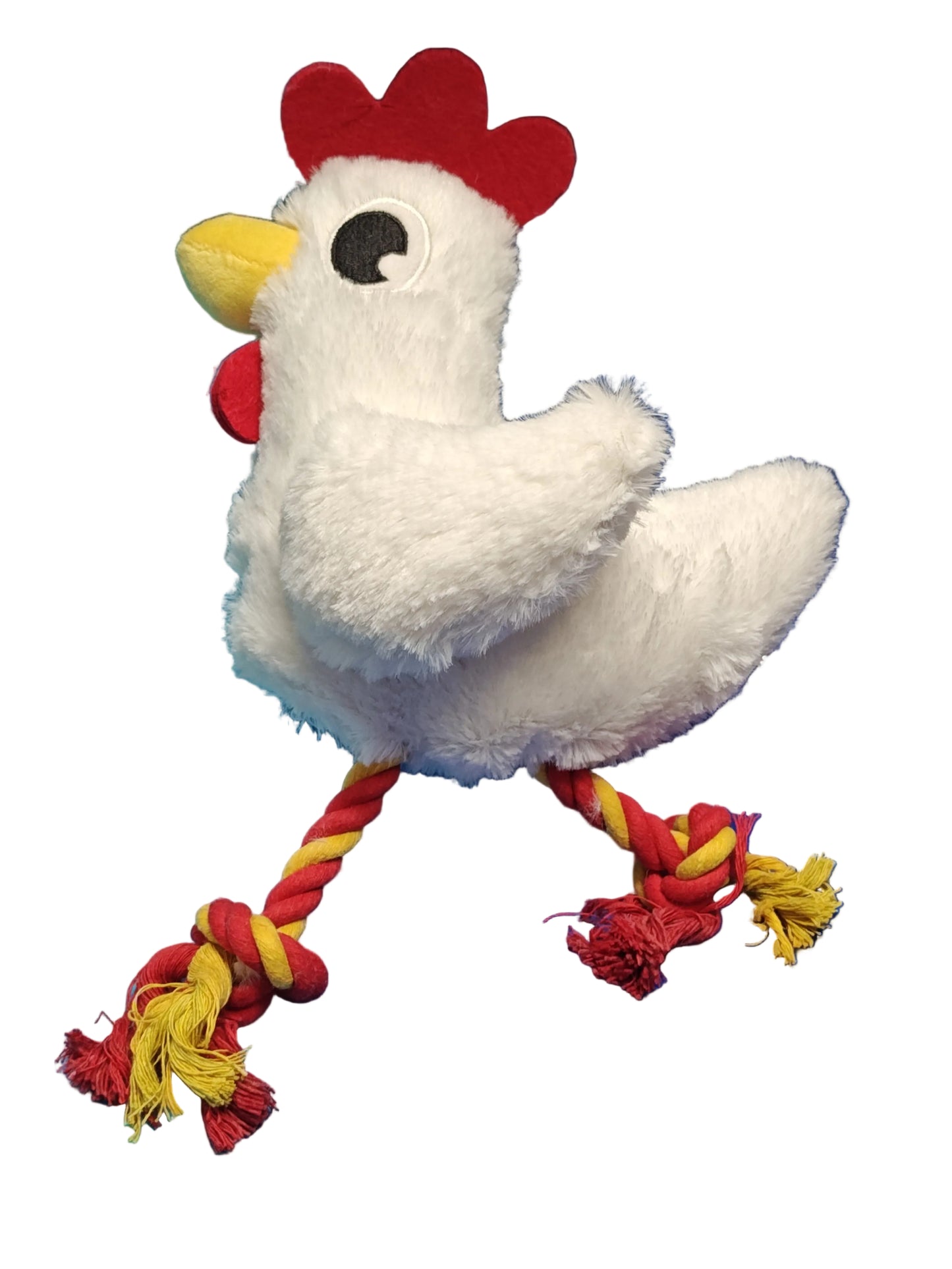 Plush chicken toy with a rope on a blue surface