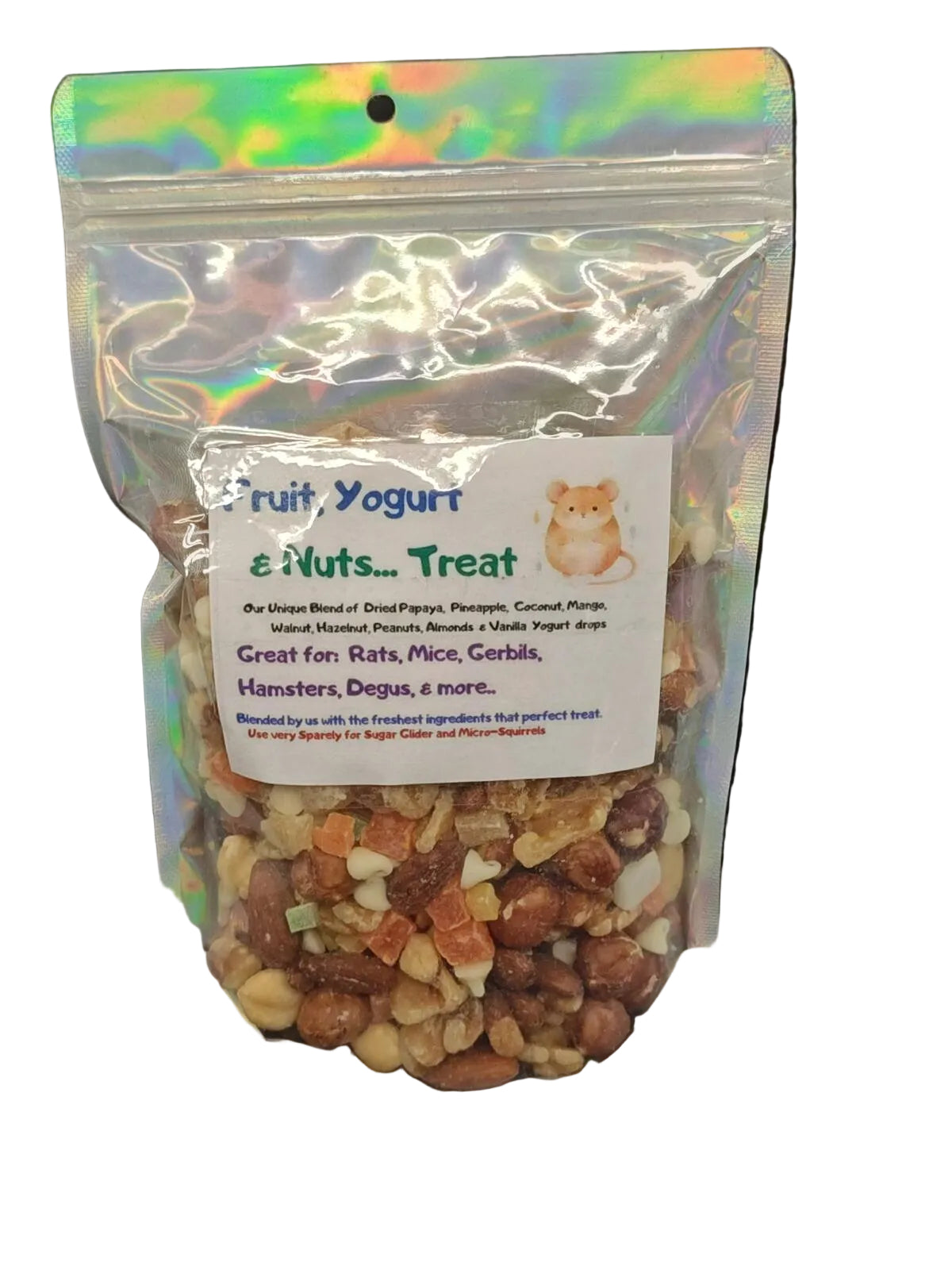 Package of fruit, yogurt, and nuts treat for small animals with a label on a black background