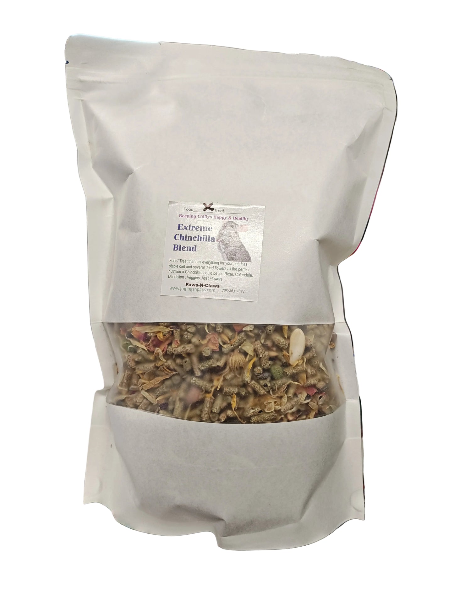 Open bag of pet food with visible ingredients on a blurred background