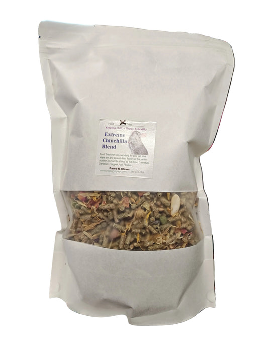 Open bag of pet food with visible ingredients on a blurred background