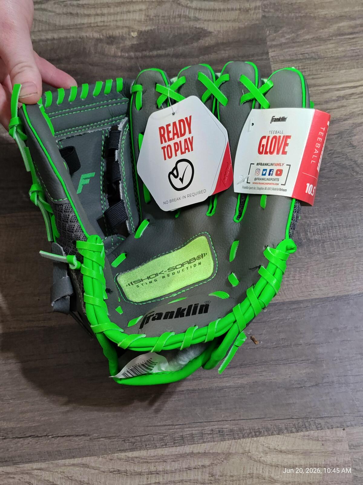 Franklin Fielding Glove 10.5 inch Tee Ball Gray and Green Glove New with Tags
