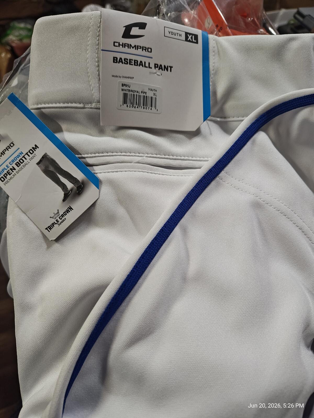 Champro Triple Crown Open Bottom Baseball Pants White w/Royal Blue Piping