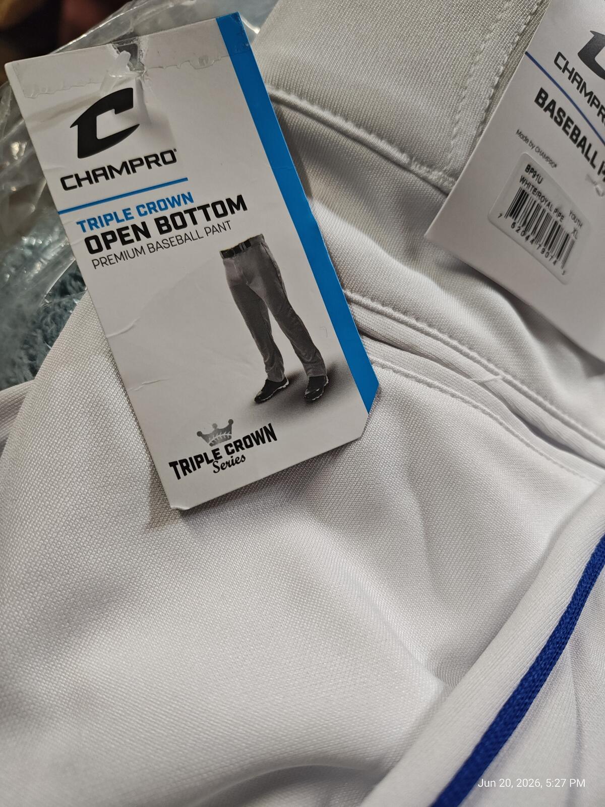 Champro Triple Crown Open Bottom Baseball Pants White w/Royal Blue Piping