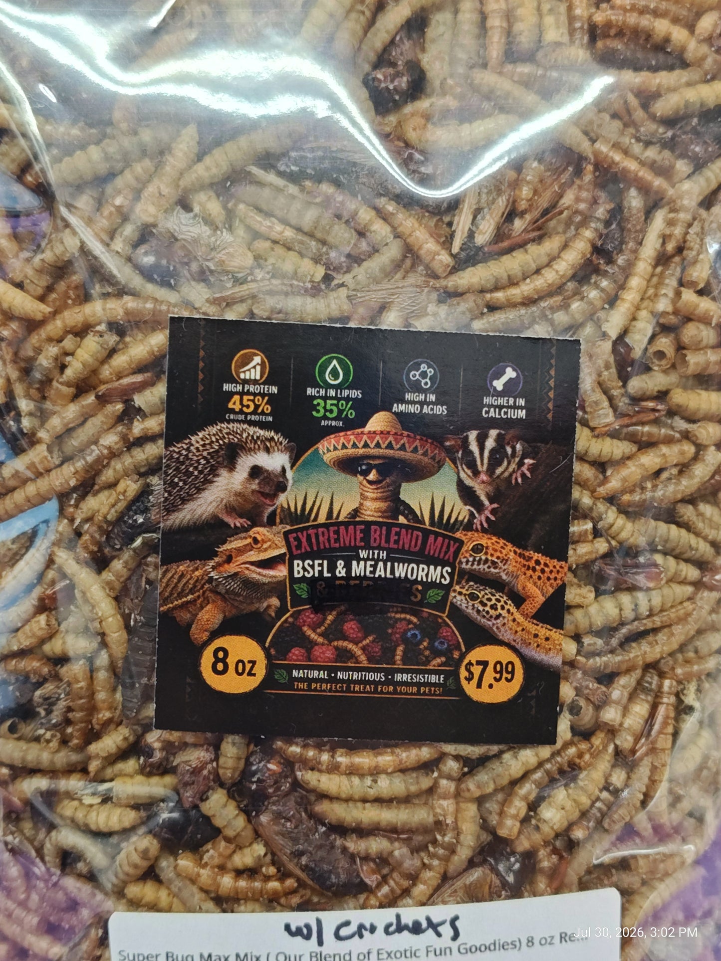 Super Bug Max Mix (Mealworms ,BSFL, Crickets ) 8 oz Resealable Bag