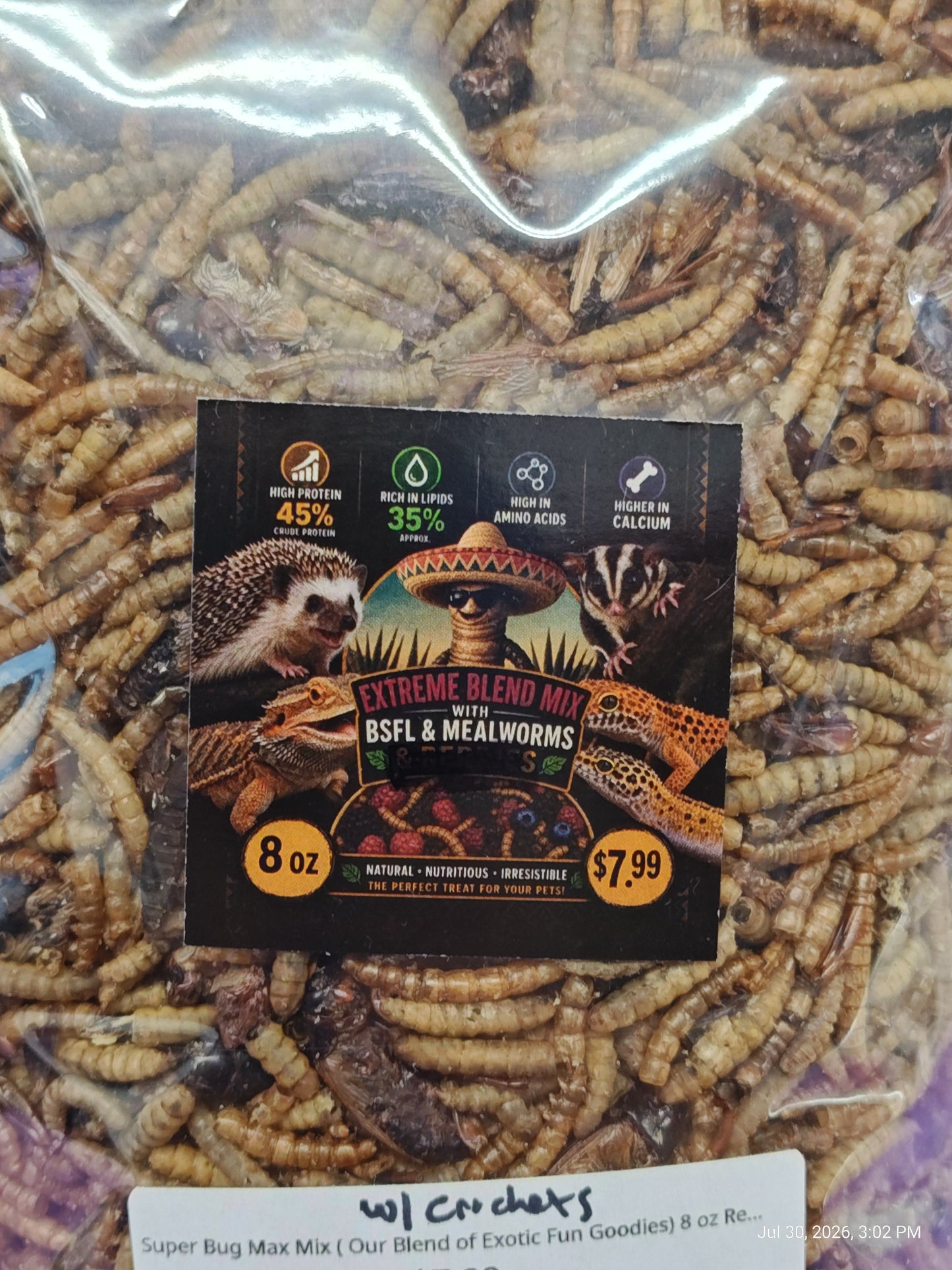 Super Bug Max Mix (Mealworms ,BSFL, Crickets ) 8 oz Resealable Bag