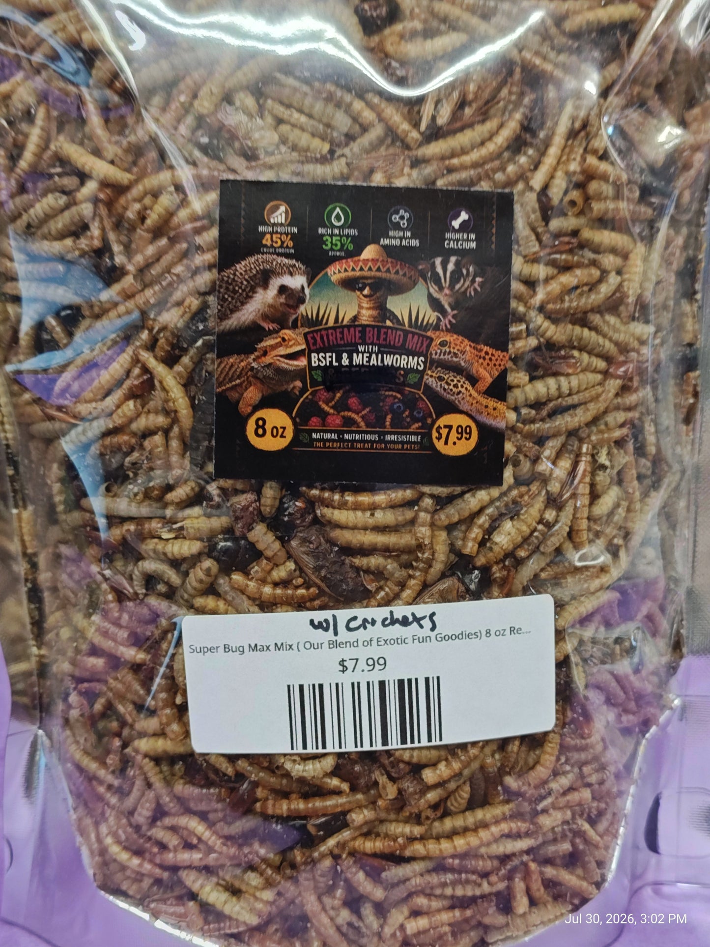 Super Bug Max Mix (Mealworms ,BSFL, Crickets ) 8 oz Resealable Bag