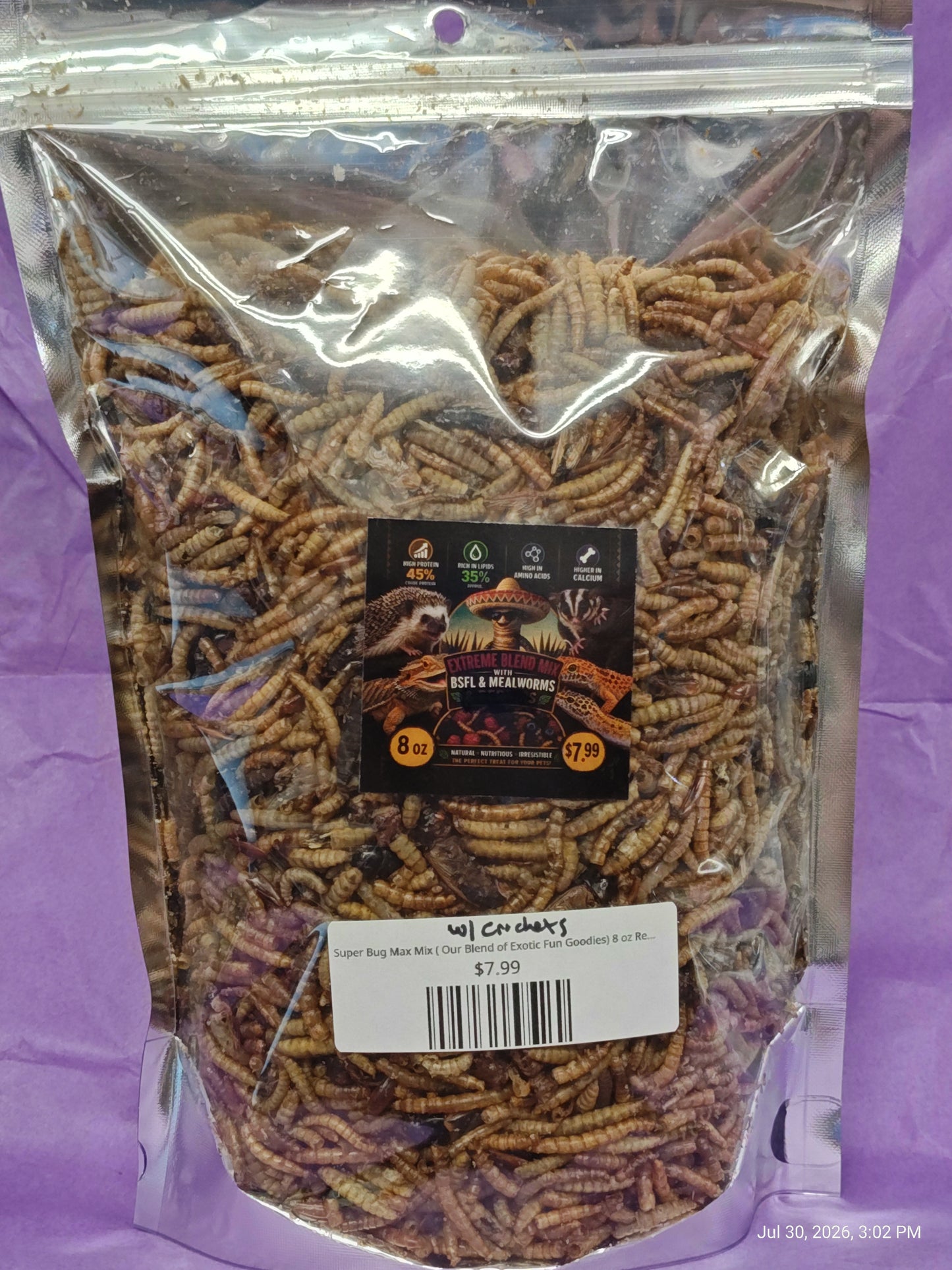 Super Bug Max Mix (Mealworms ,BSFL, Crickets ) 8 oz Resealable Bag