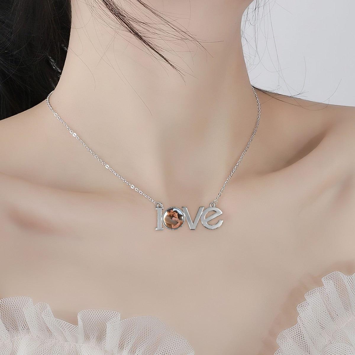 Custom Photo LOVE Necklace | Personalized LOVE Pendant with Photo Charm | Silver