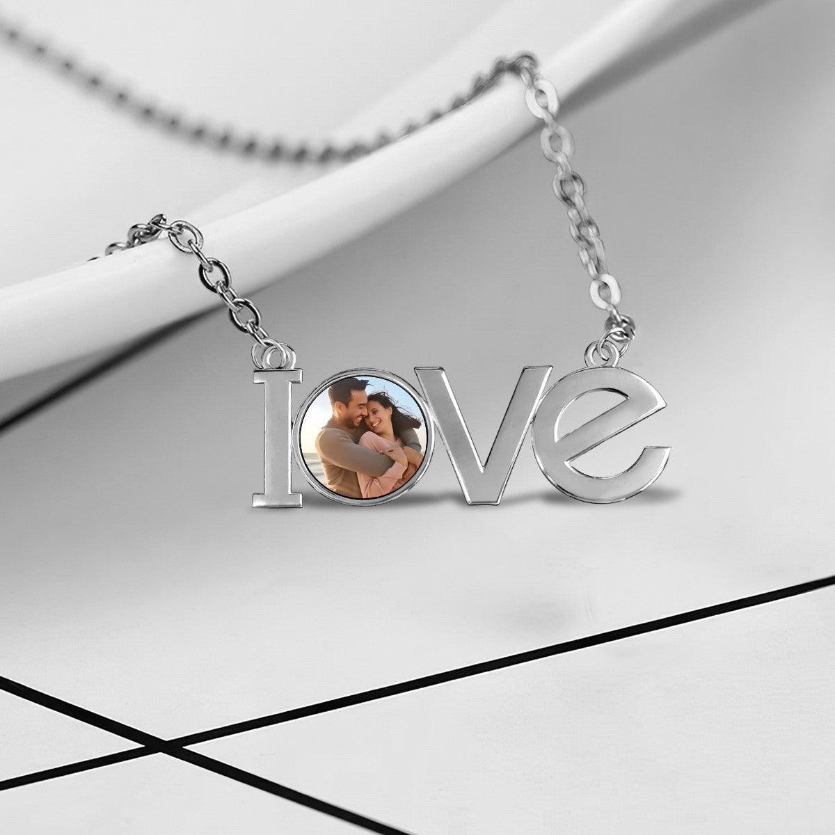 Custom Photo LOVE Necklace | Personalized LOVE Pendant with Photo Charm | Silver