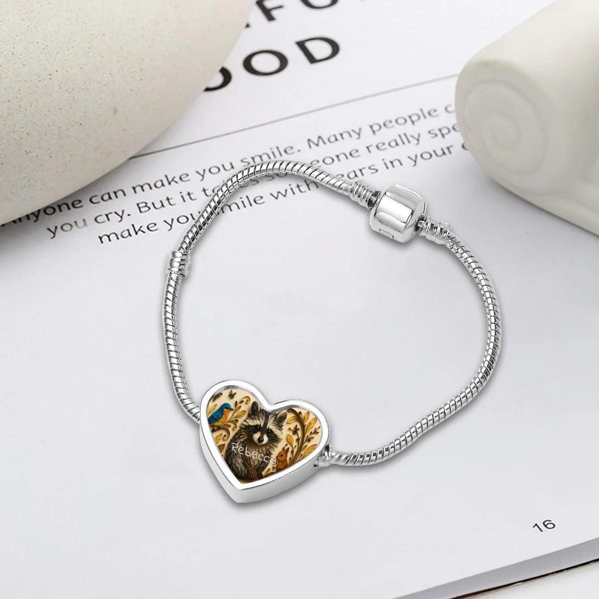 Personalized Raccoon Bracelet | Custom Name Heart Charm Snake Chain Bracelet | Silver