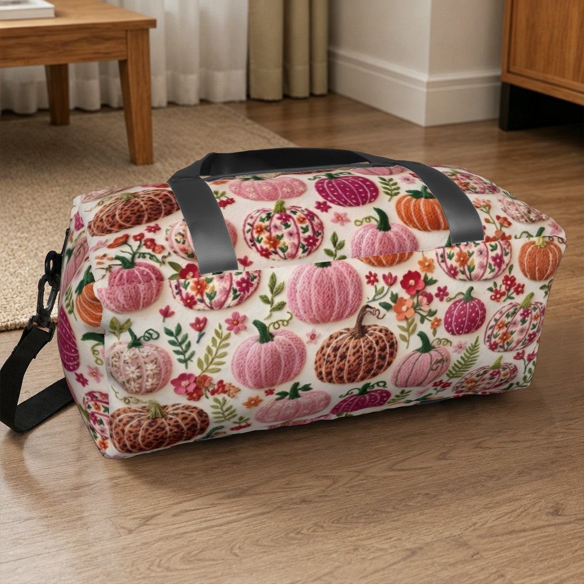 Personalized Floral Pumpkin Duffel Bag with Custom Name – Fall Travel, Gym & Weekend Bag