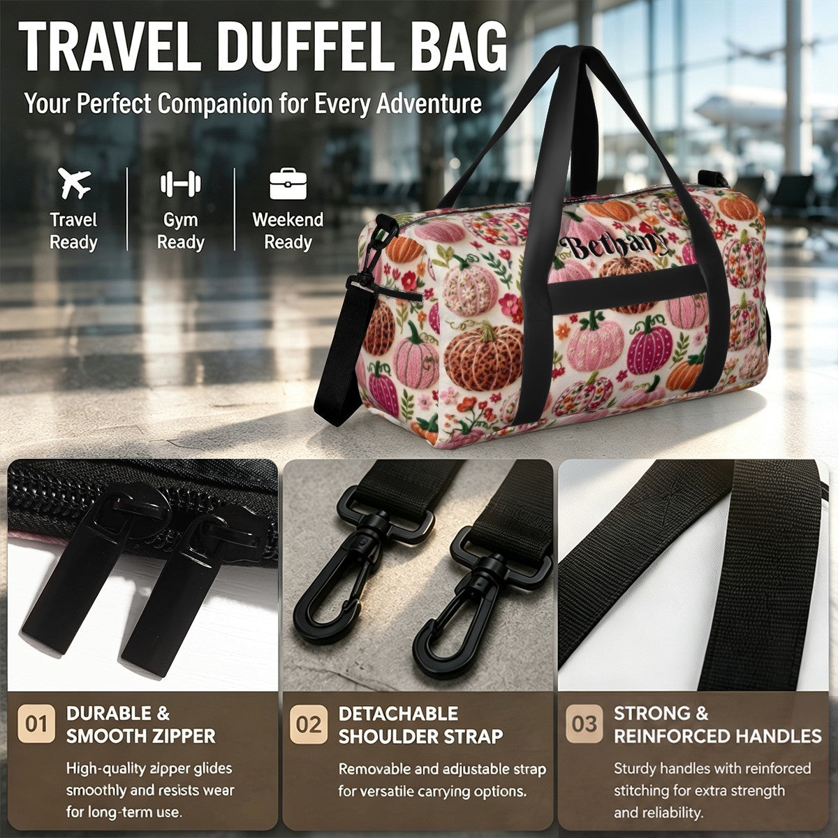 Personalized Floral Pumpkin Duffel Bag with Custom Name – Fall Travel, Gym & Weekend Bag