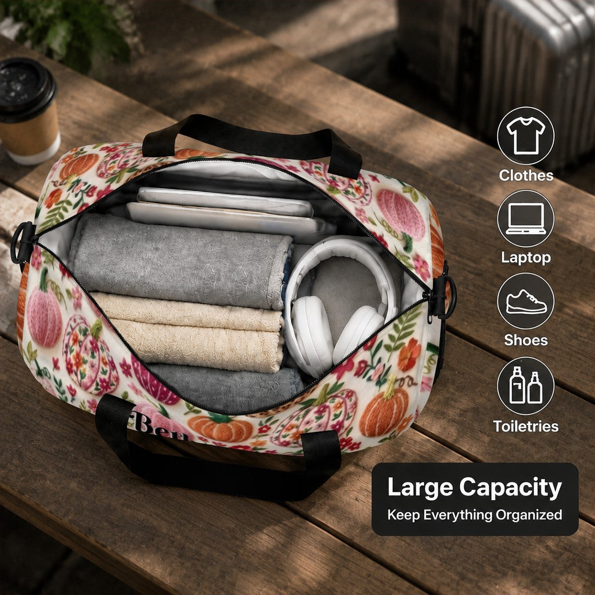 Personalized Floral Pumpkin Duffel Bag with Custom Name – Fall Travel, Gym & Weekend Bag
