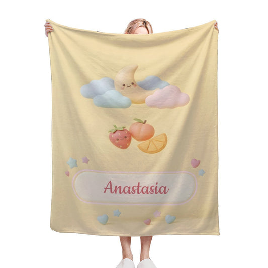 Personalized Pastel Fruit Cloud Blanket | Custom Name | Kawaii Flannel Throw Gift
