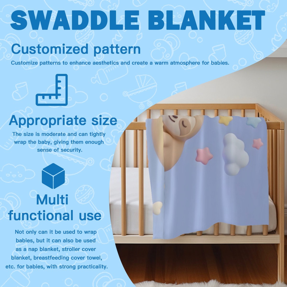 Personalized Sleeping Sloth Baby Swaddle & Hat Set | Custom Name Gift