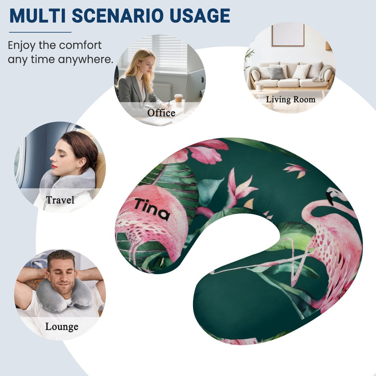 Personalized Flamingo Tropical Travel Neck Pillow with Name | Memory Foam, Detachable Washable Cover | Custom Gift for Flamingo Lovers