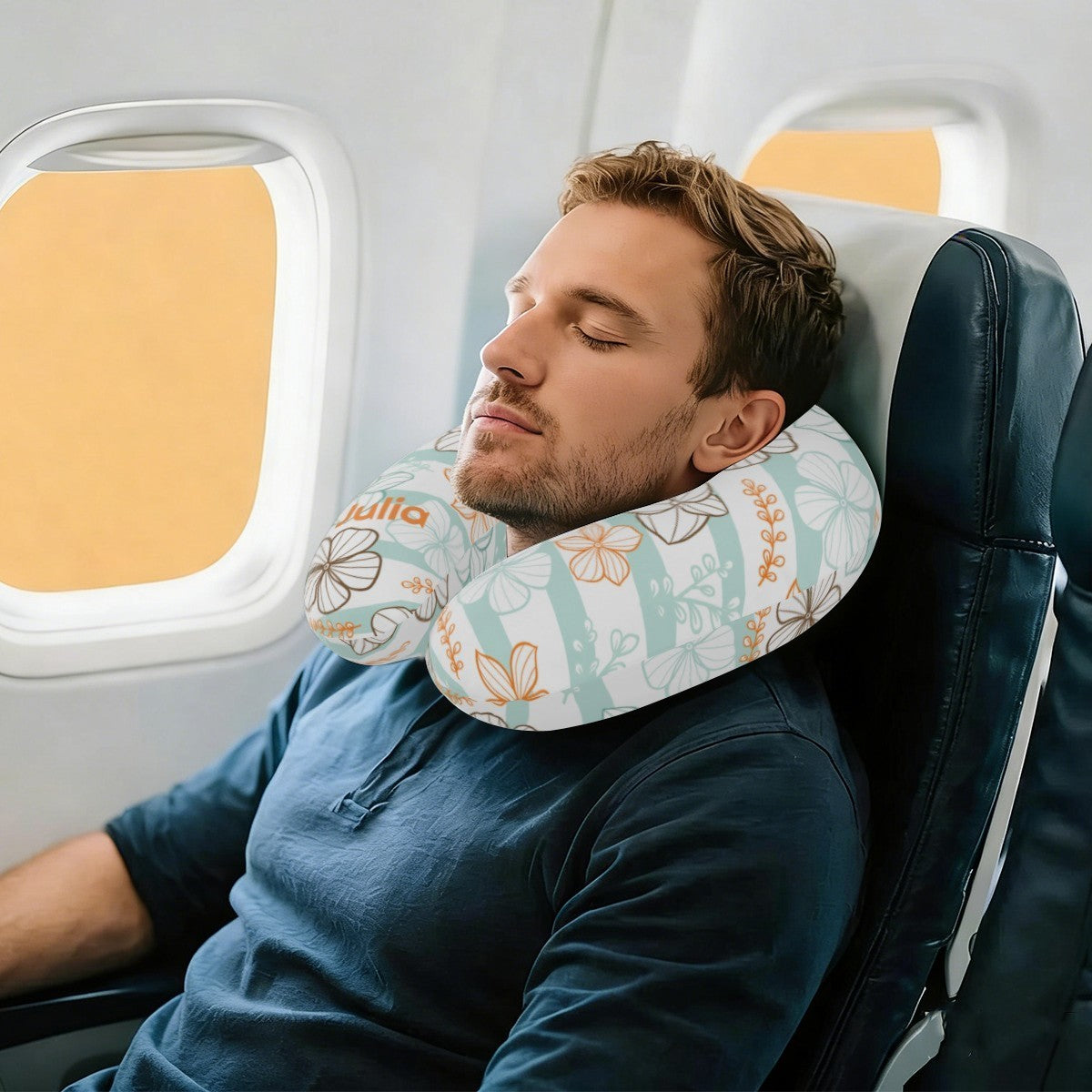 Personalized Floral Stripe Travel Neck Pillow with Name | Memory Foam, Detachable Washable Cover | Custom Gift for Women and Teens