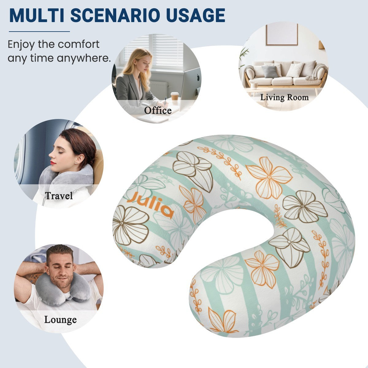 Personalized Floral Stripe Travel Neck Pillow with Name | Memory Foam, Detachable Washable Cover | Custom Gift for Women and Teens