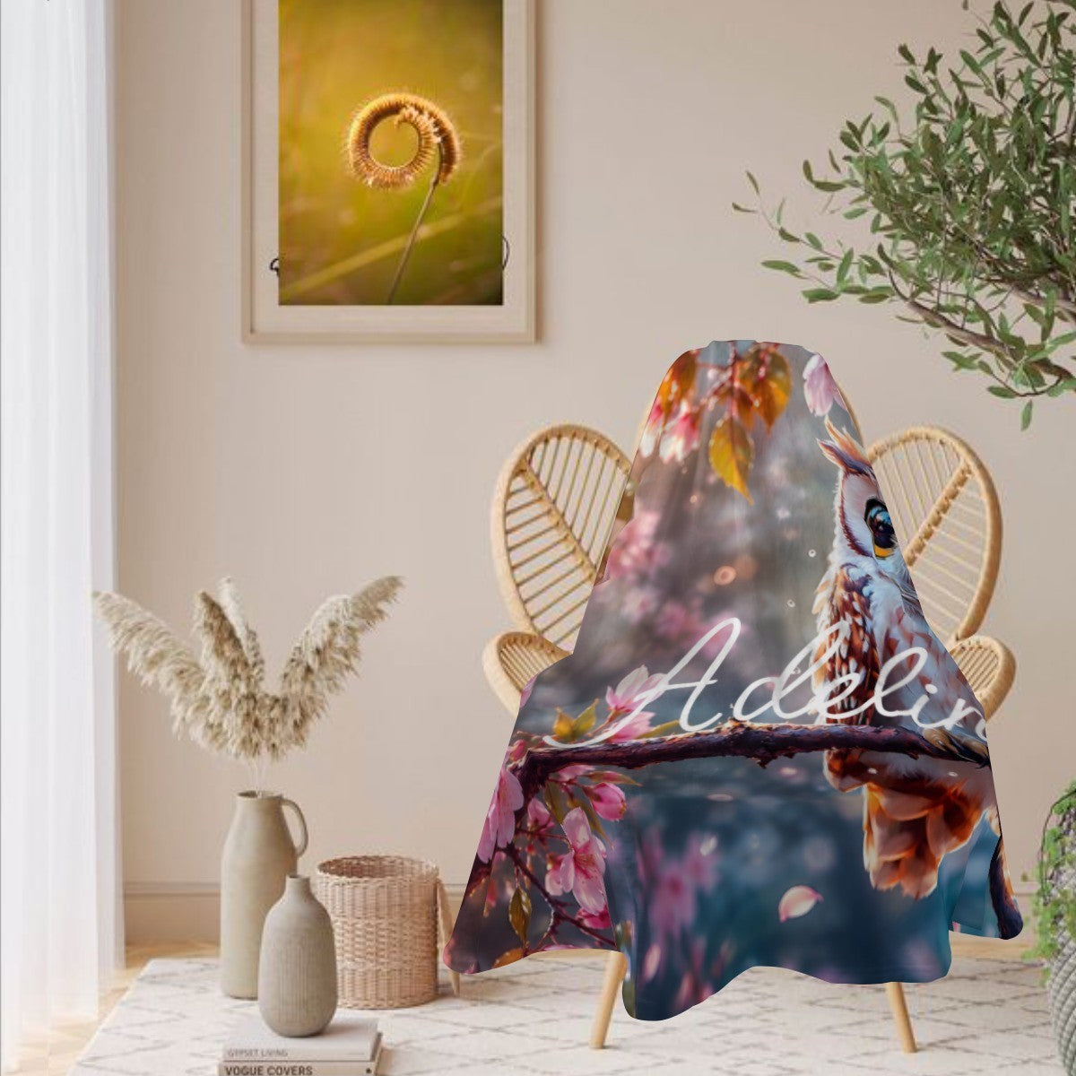 Personalized Owl Round Blanket with Name - White Owl on Cherry Blossom Branch with Custom Name in White Cursive - Owl Gift for Women