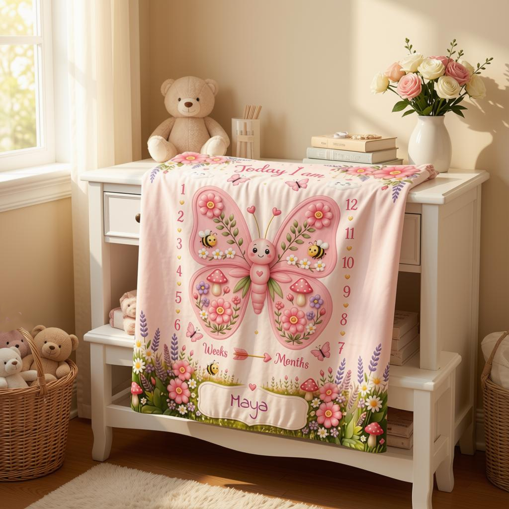 Personalized Baby Milestone Blanket with Name - Butterfly Garden Design with Month Numbers, Meadow Border, and Baby Name on Cream Oval Plaque - Newborn Photoshoot Prop