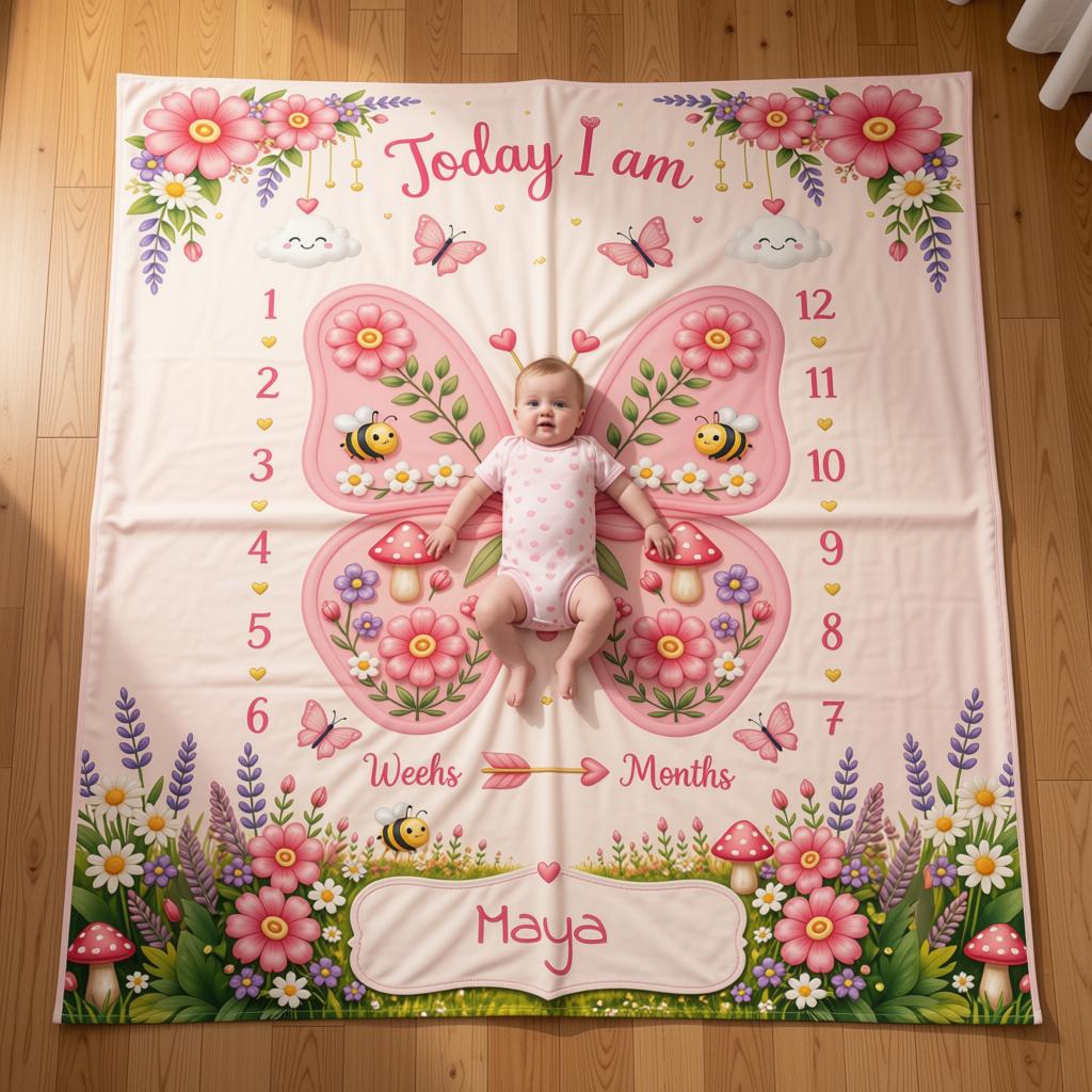 Personalized Baby Milestone Blanket with Name - Butterfly Garden Design with Month Numbers, Meadow Border, and Baby Name on Cream Oval Plaque - Newborn Photoshoot Prop