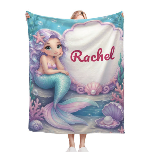 Personalized Mermaid Blanket with Name | Purple Hair & Clamshell Design | Custom Girls Gift
