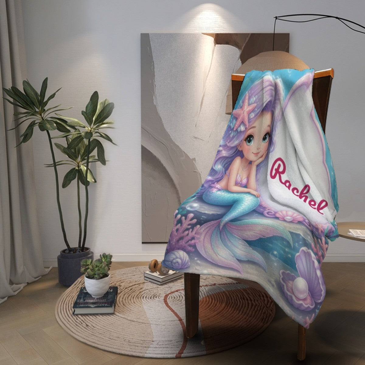 Personalized Mermaid Blanket with Name | Purple Hair & Clamshell Design | Custom Girls Gift