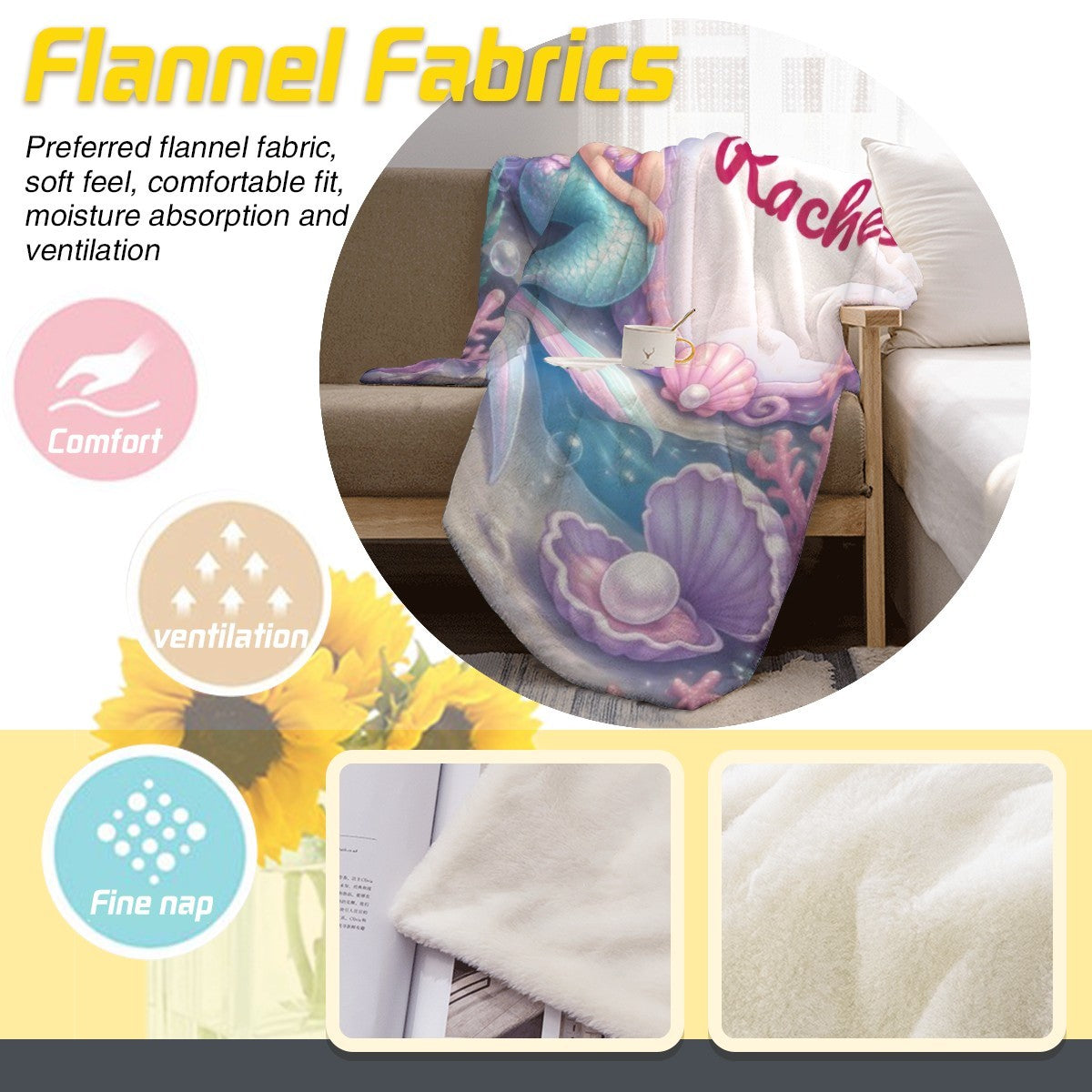 Personalized Mermaid Blanket with Name | Purple Hair & Clamshell Design | Custom Girls Gift