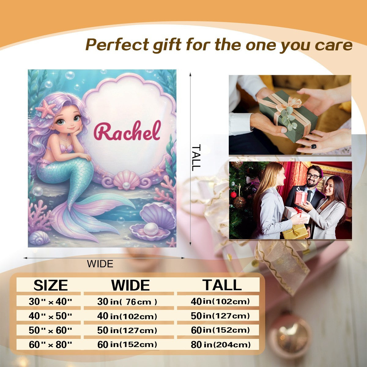 Personalized Mermaid Blanket with Name | Purple Hair & Clamshell Design | Custom Girls Gift