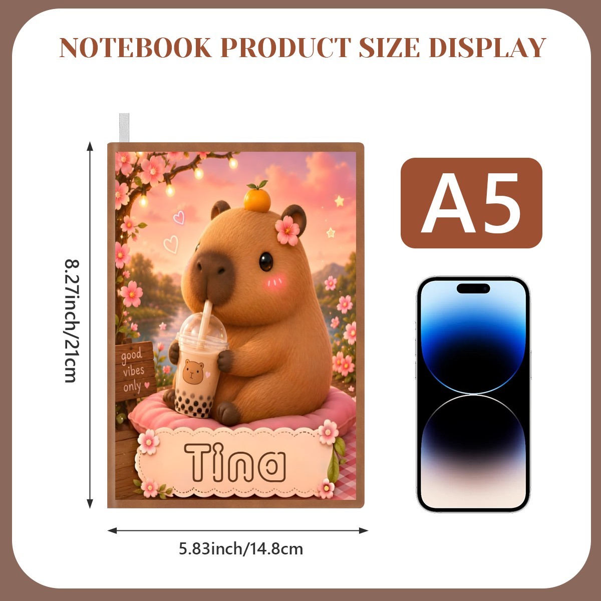 Personalized Capybara Journal with Name - Kawaii Capybara Boba Tea Cover on Soft PU A5 Notebook with Cream Lined Pages - Custom Gift for Teen Girls