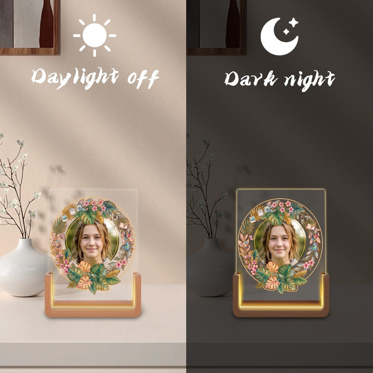 Custom Photo Night Light for Teen Girls | Tropical Floral Wreath with Teen Icons | Upload Her Photo | USB Powered | Wood Base
