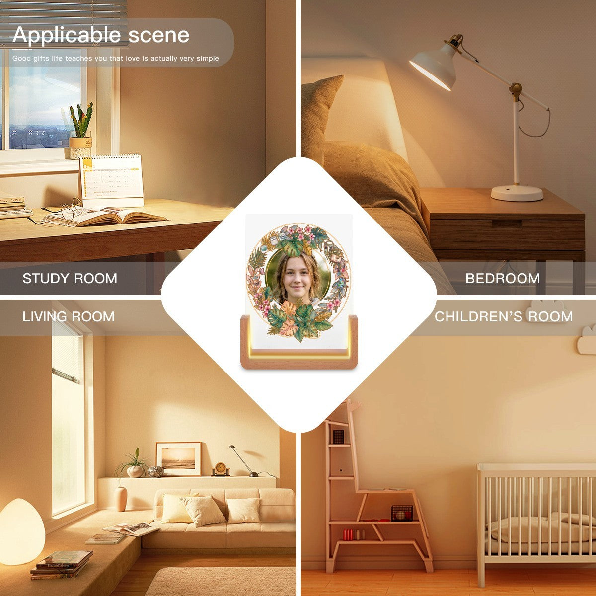 Custom Photo Night Light for Teen Girls | Tropical Floral Wreath with Teen Icons | Upload Her Photo | USB Powered | Wood Base