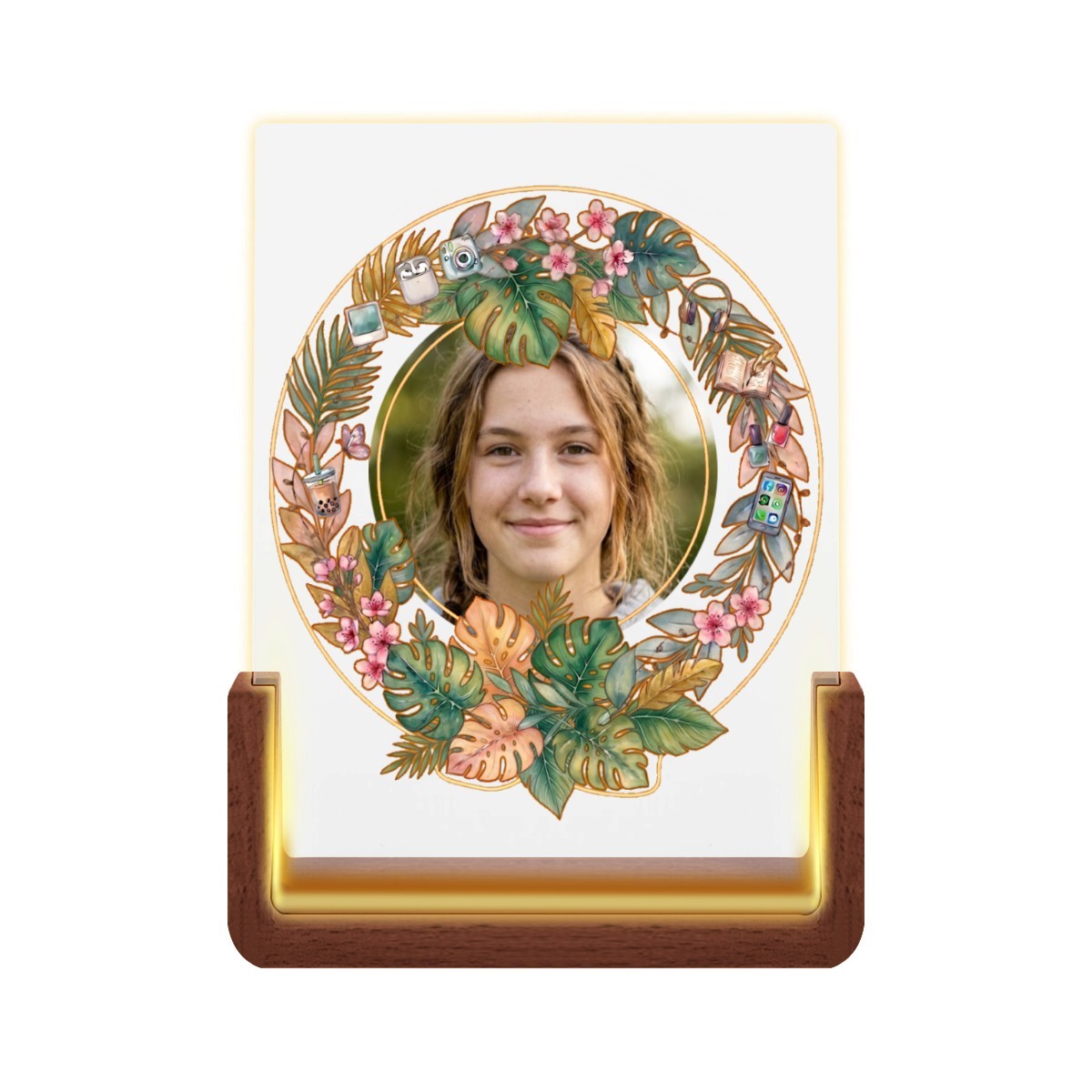 Custom Photo Night Light for Teen Girls | Tropical Floral Wreath with Teen Icons | Upload Her Photo | USB Powered | Wood Base