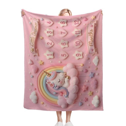 Personalized  Pink Unicorn Baby Milestone Blanket | Little Dreamer Sleeping Unicorn on Rainbow Cloud | Month Numbers 1–12 | Monthly Photoshoot Prop for Baby Girls