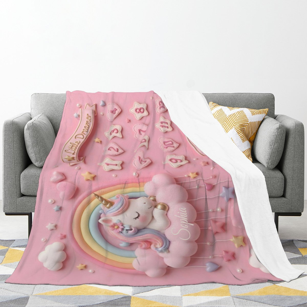 Personalized  Pink Unicorn Baby Milestone Blanket | Little Dreamer Sleeping Unicorn on Rainbow Cloud | Month Numbers 1–12 | Monthly Photoshoot Prop for Baby Girls
