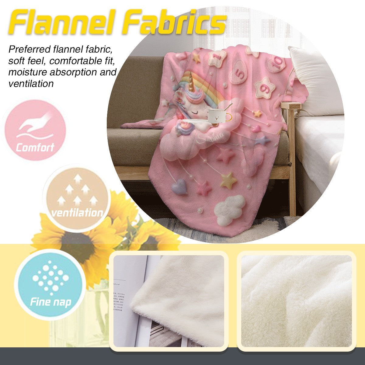 Personalized  Pink Unicorn Baby Milestone Blanket | Little Dreamer Sleeping Unicorn on Rainbow Cloud | Month Numbers 1–12 | Monthly Photoshoot Prop for Baby Girls