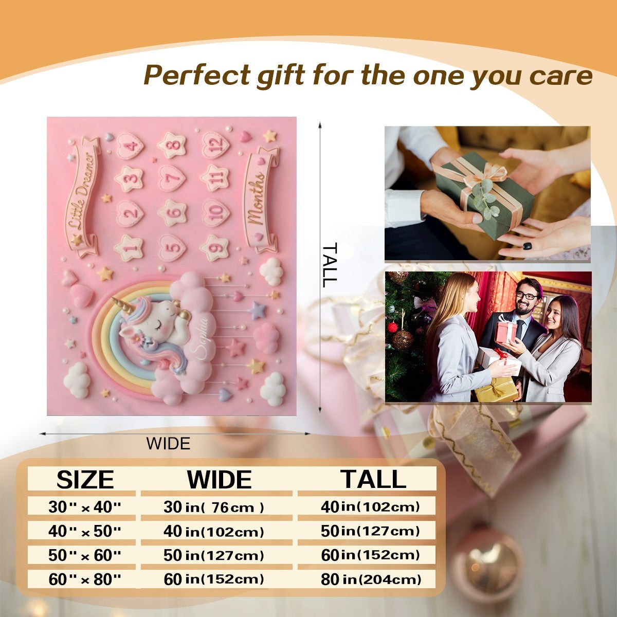 Personalized  Pink Unicorn Baby Milestone Blanket | Little Dreamer Sleeping Unicorn on Rainbow Cloud | Month Numbers 1–12 | Monthly Photoshoot Prop for Baby Girls