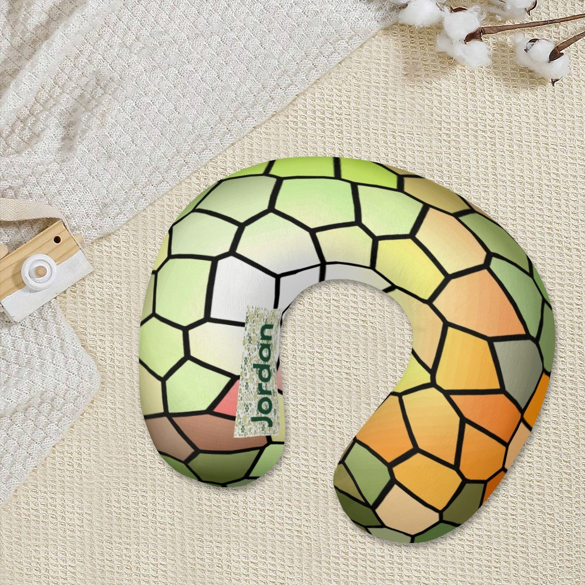 Personalized Stained Glass Mosaic Travel Neck Pillow with Name | Memory Foam, Detachable Washable Cover | Custom Gift for Art Lovers