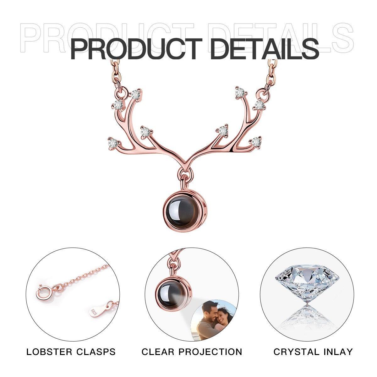 Custom Photo Projection Antler Necklace with Hidden 'I Love You' | Rose Gold & Platinum