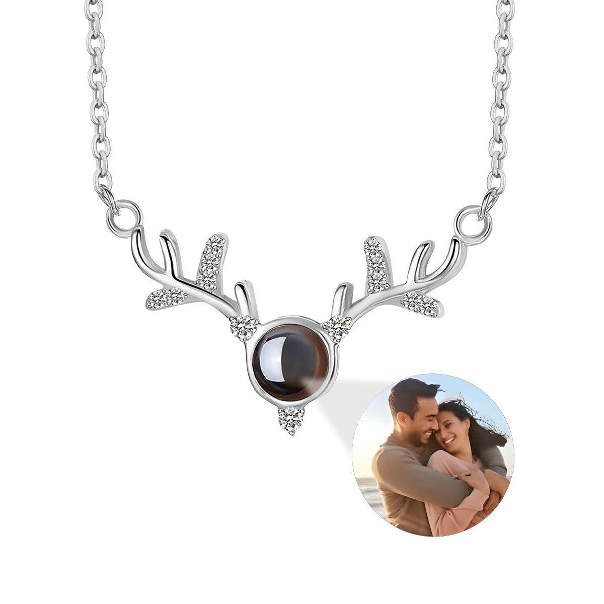 Custom Photo Projection Antler Necklace with Hidden 'I Love You' | Rose Gold & Platinum