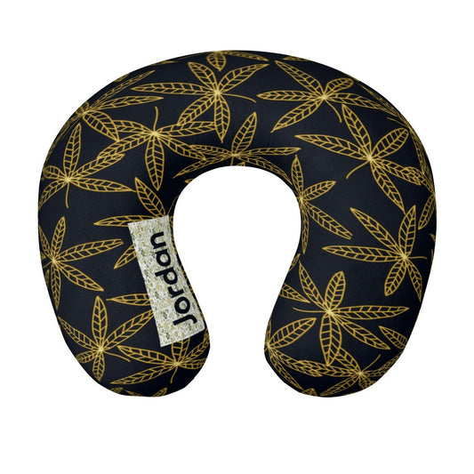 Personalized Gold Botanical Leaf Travel Neck Pillow with Name | Memory Foam, Detachable Washable Cover | Luxury Custom Gift